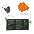 Diagram showing components of a seedling heat mat, highlighting the power connection, silicone heating wire distribution, and safety instructions.