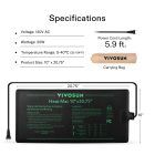 An infographic of a heating mat with specifications, including size and voltage details, displayed alongside a visual layout and a carrying bag.