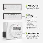 Digital timer plug with eight on/off programs and a seven-day scheduling feature, displaying various settings on its lcd screen.