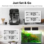 Digital timer plugs connected to a coffee machine and a fish tank to automate their operation, aimed at energy and cost savings.